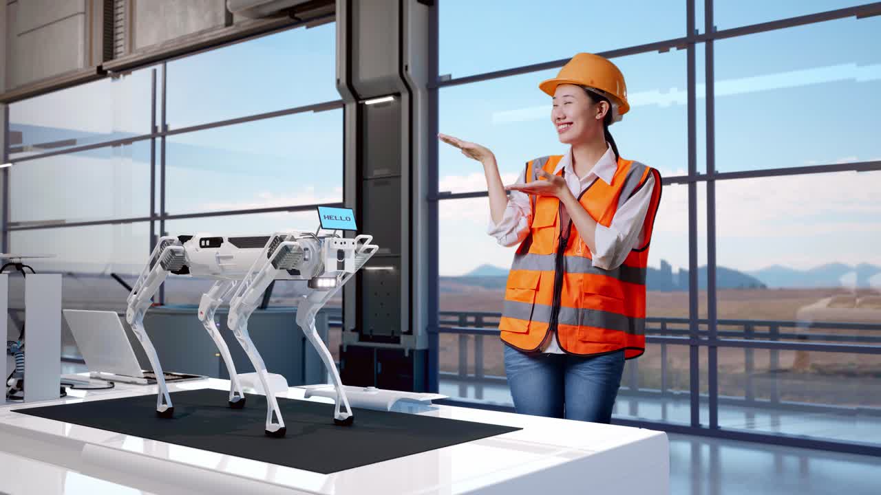 corpo pieno di ingegnere donna asiatica con casco di sicurezza sorridendo e indicando a lato mentre si trova in una fabbrica ad alta tecnologia, analizzando il concetto di macchina robotica