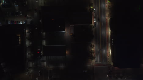 Aerial-birds-eye-overhead-top-down-view-of-wide-multi-lane-downtown-streets.-Vertically-panning-night-view-of-illuminated-streets.-Dallas,-Texas,-US