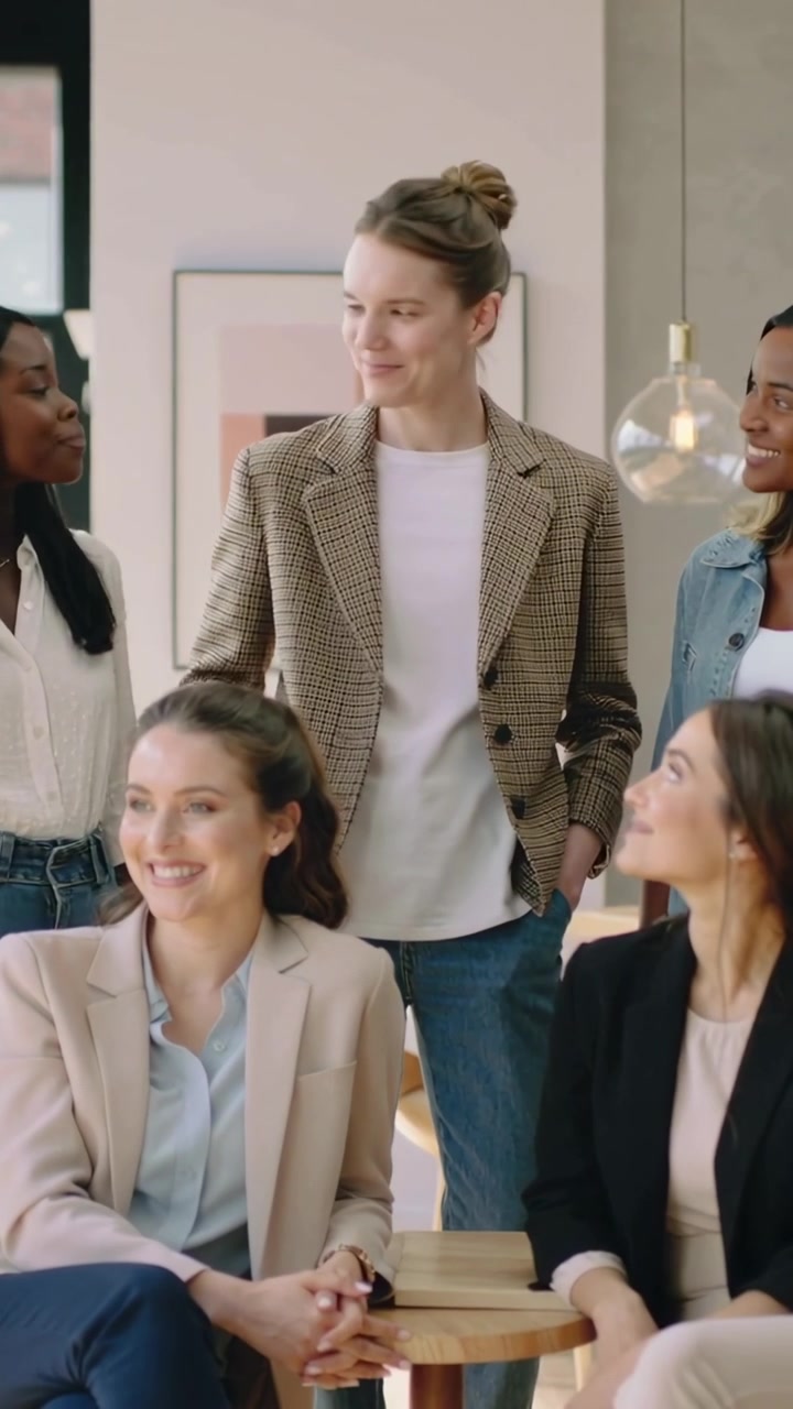 Vertical video: Smiling center woman in checked blazer shifting on cue, posing at office with stool