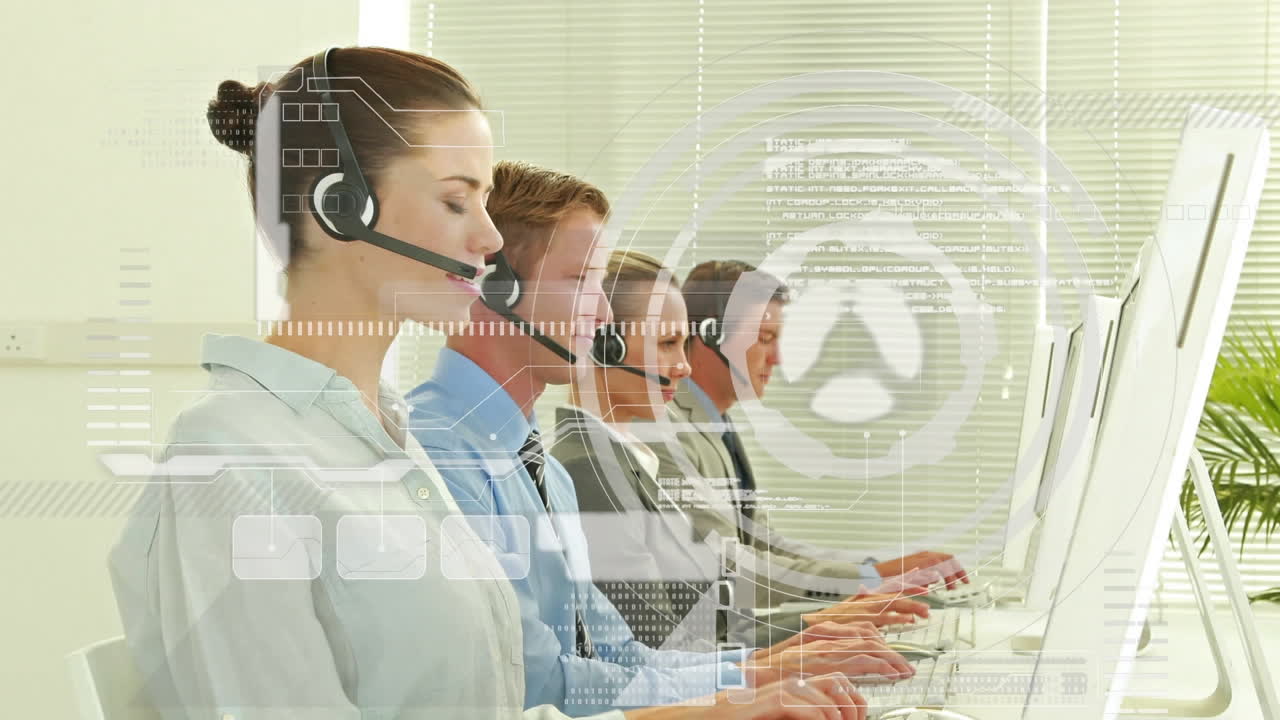 휴대폰 헤드 ⁇ 을 착용한 사업가들에 대한 디지털 인터페이스와 데이터 처리 애니메이션