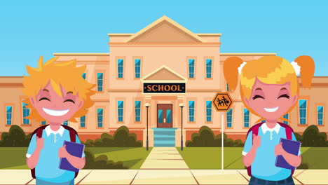 animación de regreso a la escuela con una pareja de estudiantes rubios