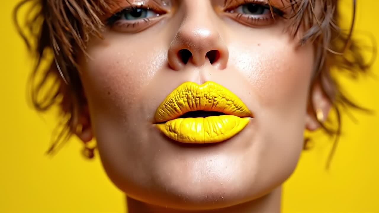 una mujer con lápiz labial amarillo en los labios