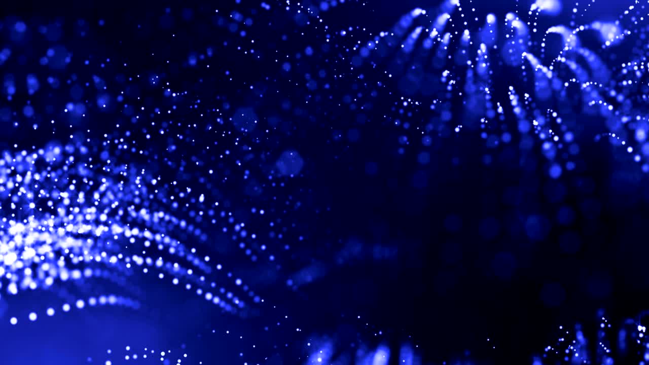 빛나는 입자의 3d 렌더링은 공상과학 소설의 배경이나 현대적 추상적인 파란색 배경으로, 광장 깊이와 보케를 가진 입자가 vj 루프를 형성합니다.