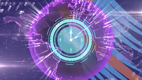 animación del escáner con la esfera del reloj sobre la red global rosada brillante y el cielo nocturno con panet