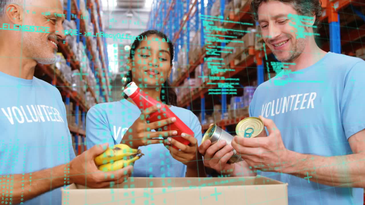 창고에서 일하는 다양한 사람들에 대한 데이터 처리의 애니메이션