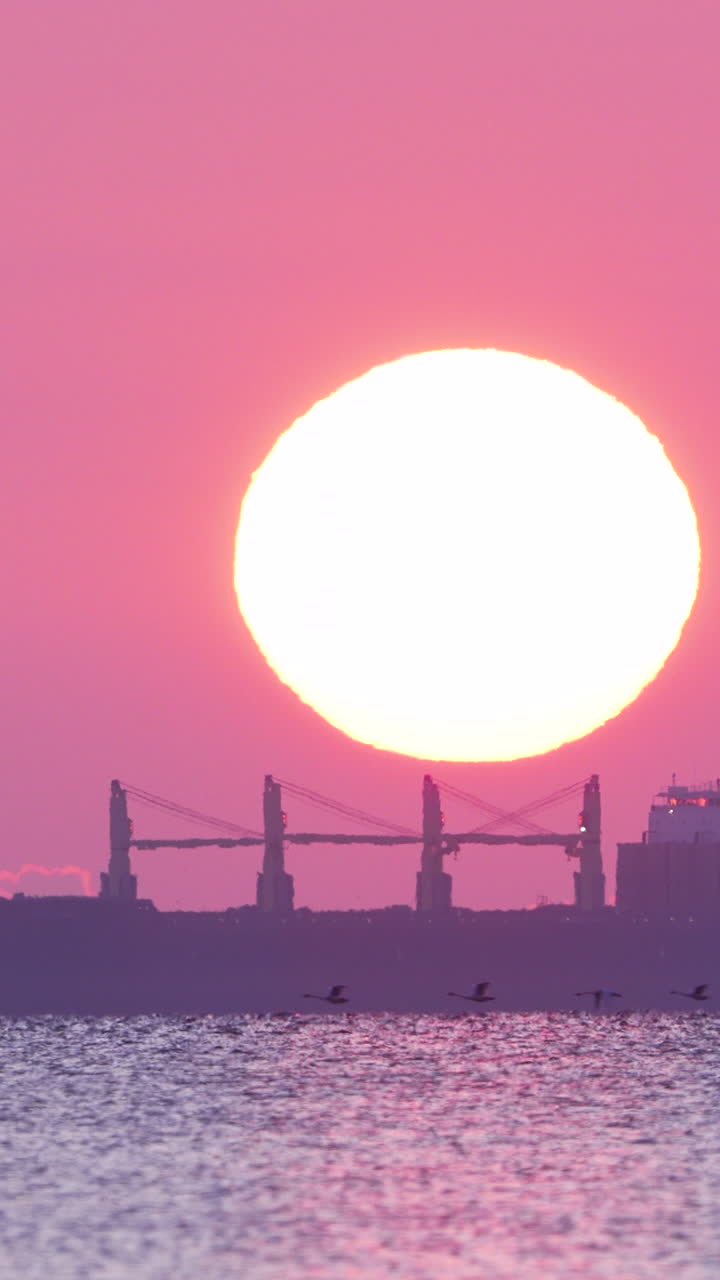 Um sol massivo e brilhante nasce por trás da silhueta de um grande navio de carga industrial no horizonte do Mar Báltico. Perfeito para conteúdo de logística, marítimo e viagens.