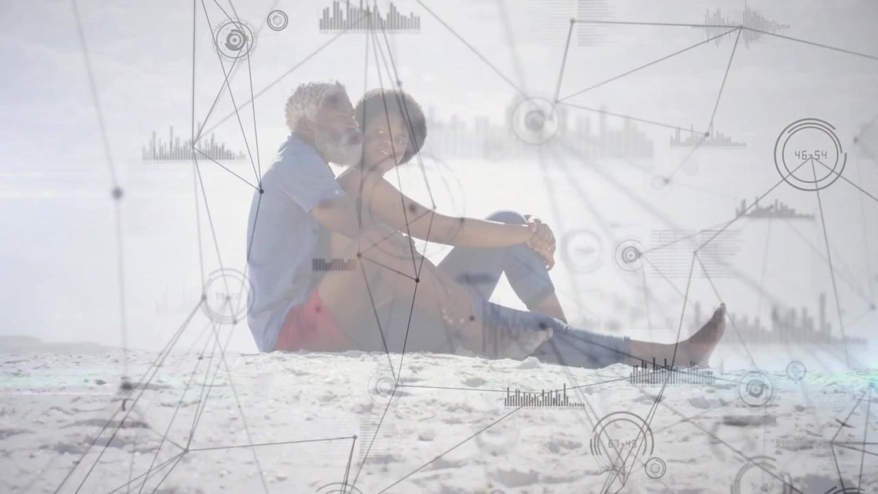 Vertical video: Man holding partner close couple gazing sea overlay nodes drifting showing links