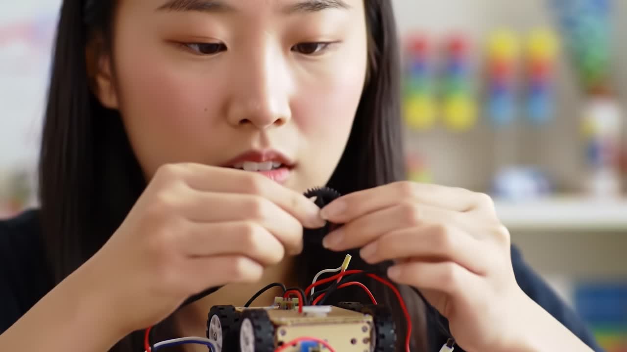 A young student focuses intently on assembling a small educational robot in a bright classroom. Various tools and components are scattered around, showcasing an inspiring hands-on learning experience.