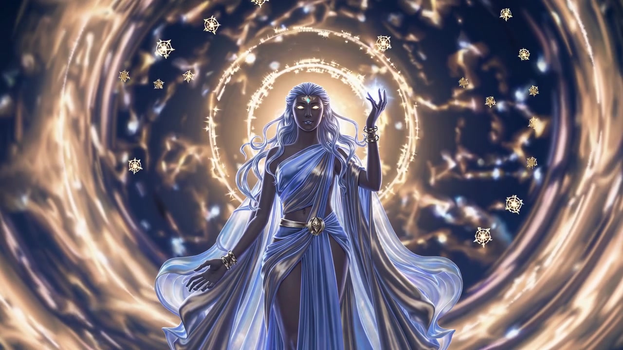 Ethereal Goddess Figure Surrounded by Glowing Magical Energy and Floating Symbols