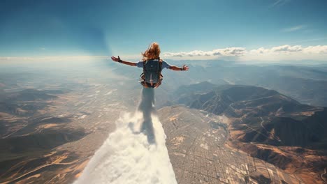 adventurer jumps from high altitude above mountains in clear sky