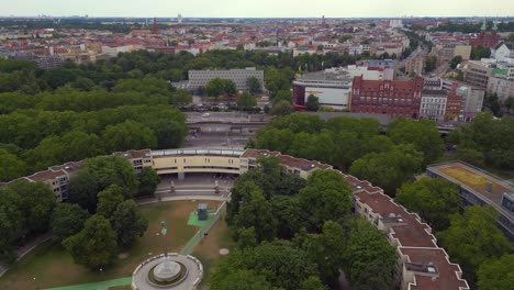 stunning aerial top view flight ghetto building mehringplatz place city berlin steglitz, germany summer day 2023