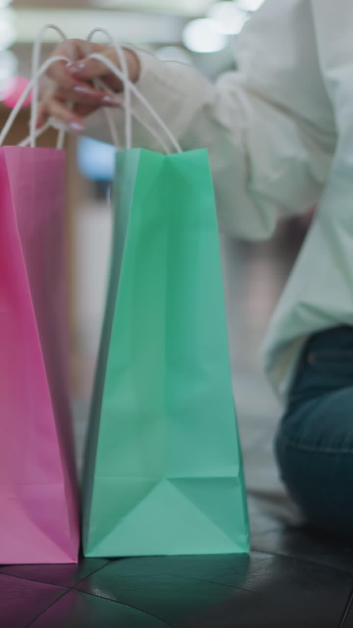 dama sentada al lado de bolsas de compras rosadas y menta en un banco de azulejos alcanza las bolsas mientras está de pie, con el fondo borroso del centro comercial con compradores y luces bokeh vibrantes