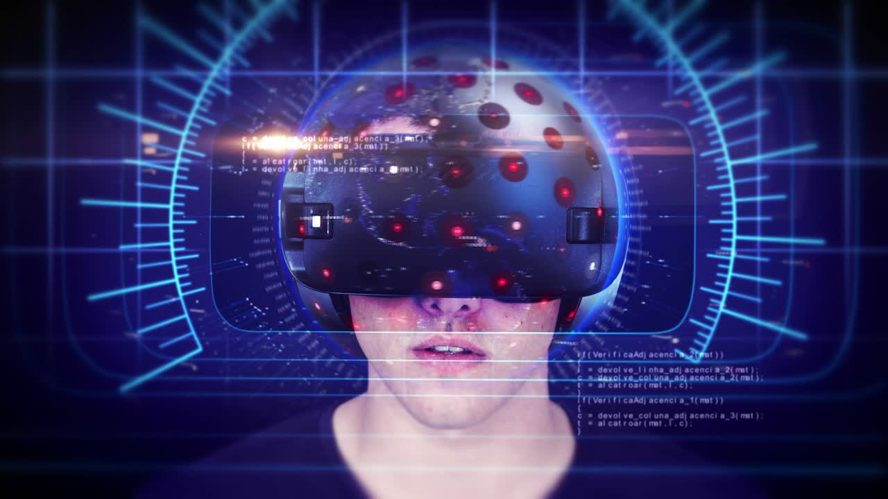 un joven guapo con auriculares vr y experimentando la realidad virtual.