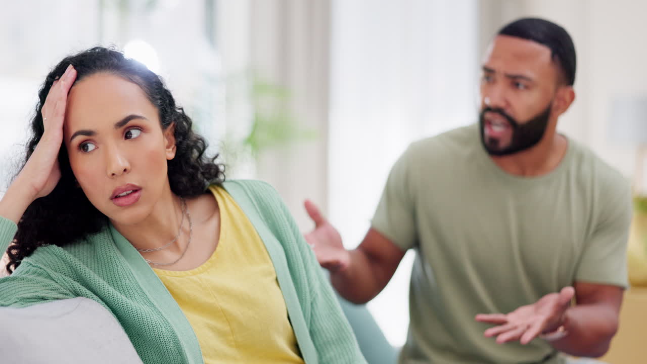 Couple fight, living room sofa