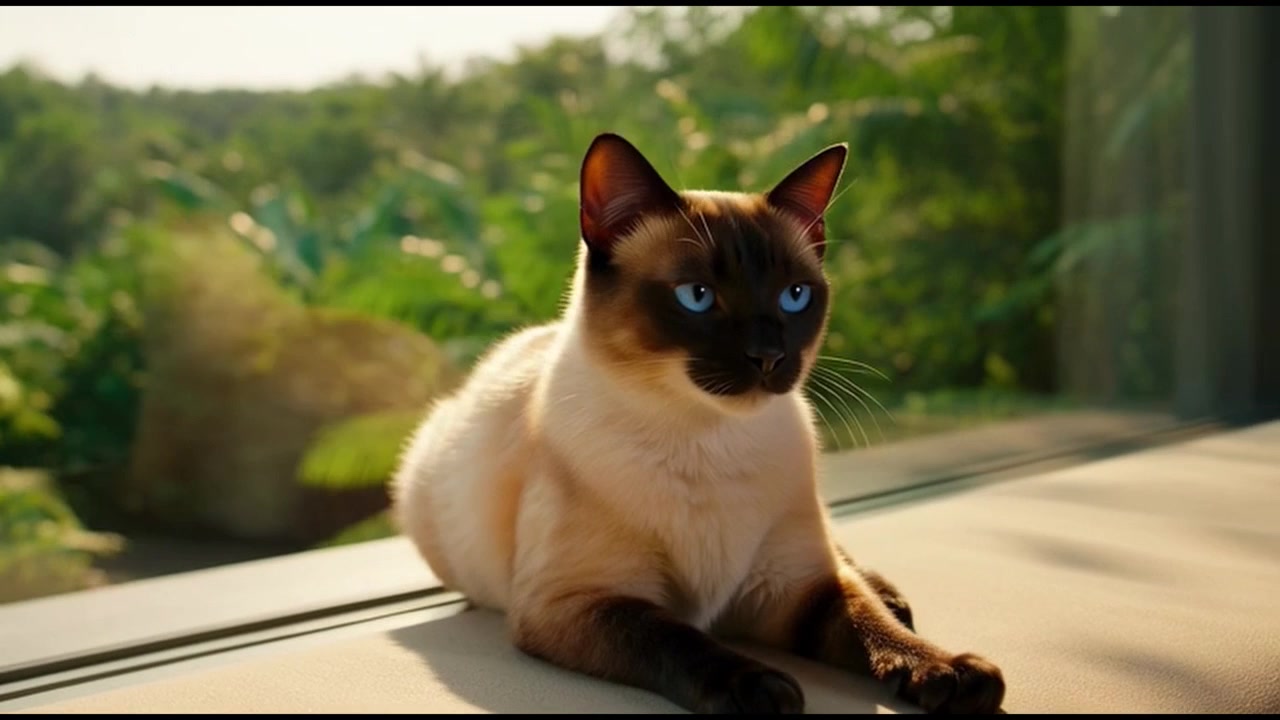 Gatto siamese che riposa su un davanzale con vista su vegetazione tropicale