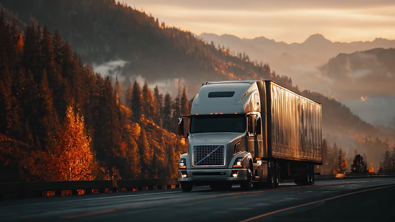 A Majestic Freight Truck Navigating Through Stunning Mountainous Terrain at Sunset, Showcasing the Beauty of Nature and Transport Industry in Perfect Harmony