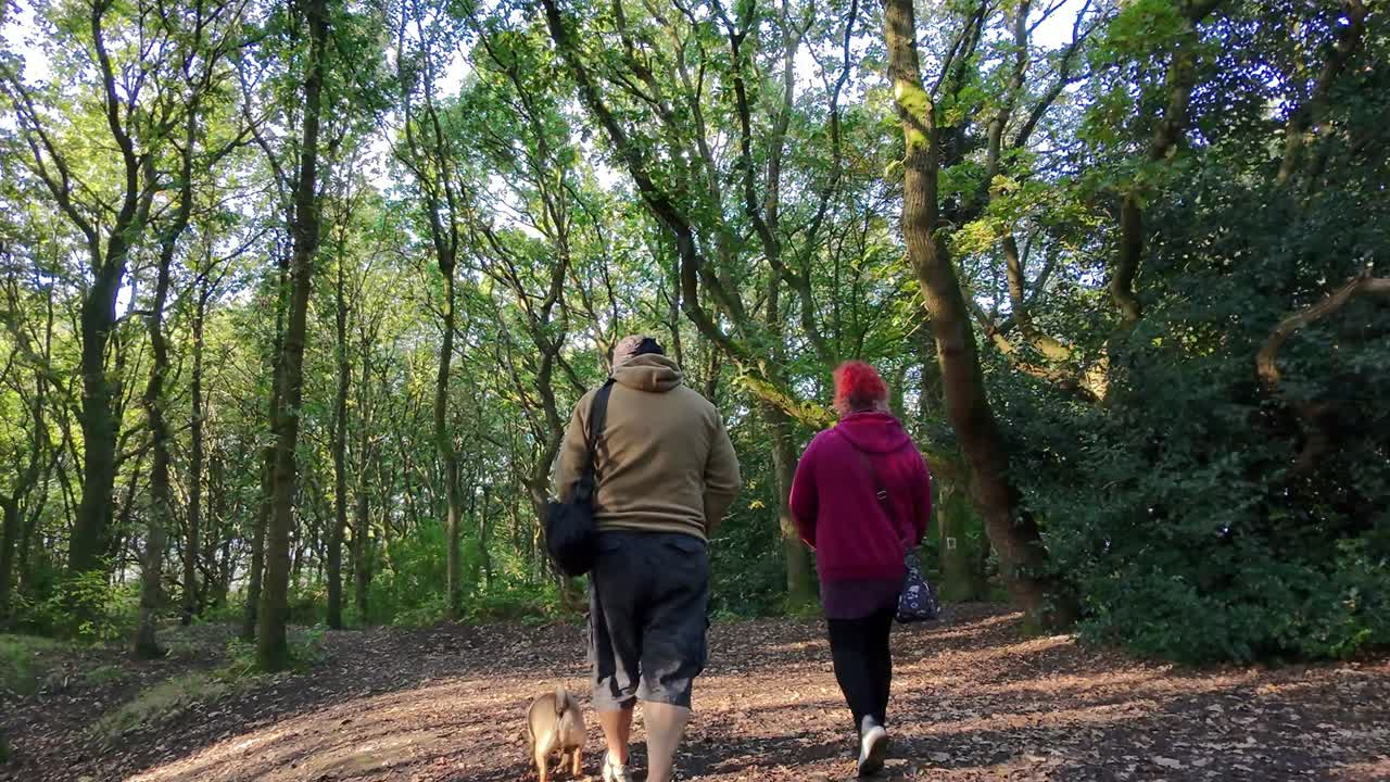Loving couple walking dog along fall woodland forest path exercising in wilderness healthy lifestyle
