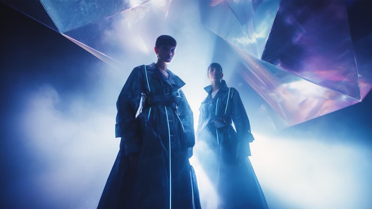 A Captivating Display of Fashion and Artistry Featuring Two Models in Stunning Dark Coats, Set Against an Ethereal Backdrop of Multicolored Reflections and Dynamic Lighting Effects That Evoke a Futuristic Atmosphere