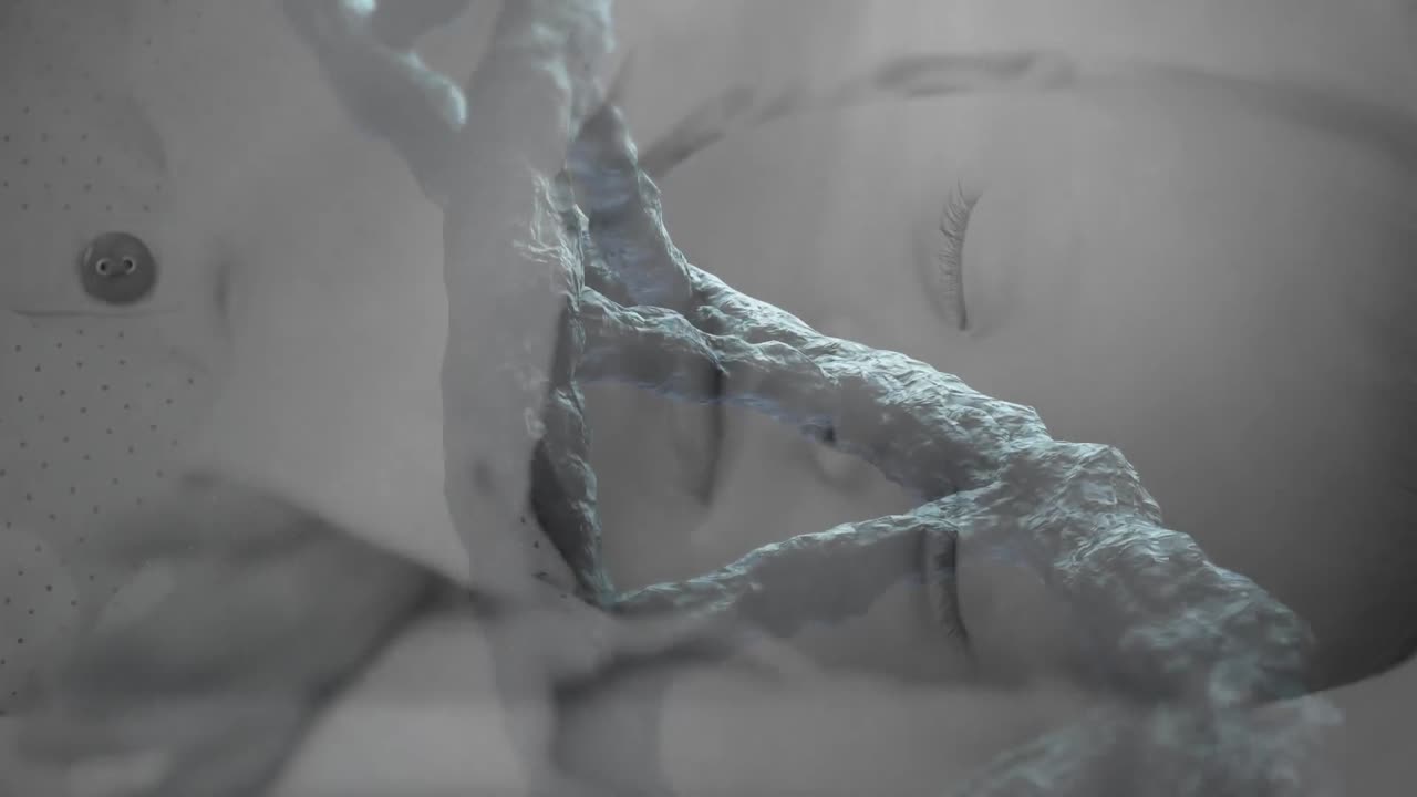 잠자는 아기 위에서 회전하는 3차원 dna 가닥의 애니메이션