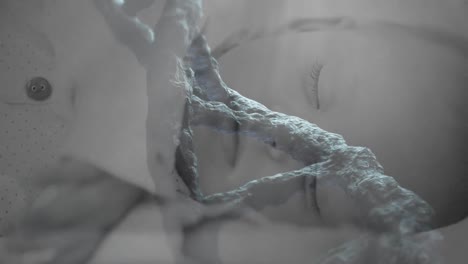 animación de una cadena de adn en 3d girando sobre un bebé dormido