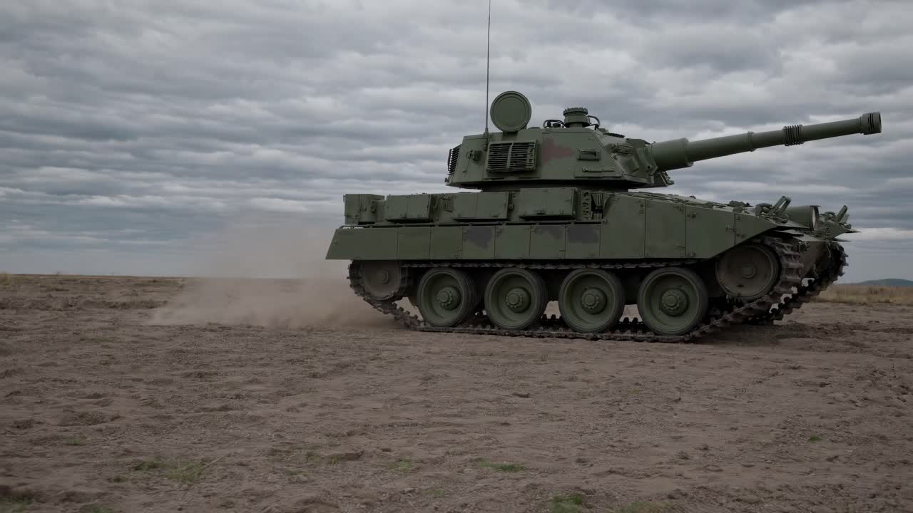 Side view of a military tank moving across a barren landscape under cloudy skies