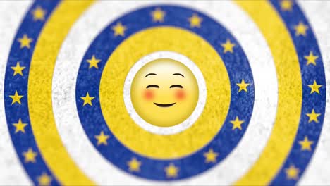 Gelbe-Sterne-Auf-Sich-Bewegenden-Blauen-Kreisen-über-Dem-Emoji-Mit-Errötendem-Gesicht