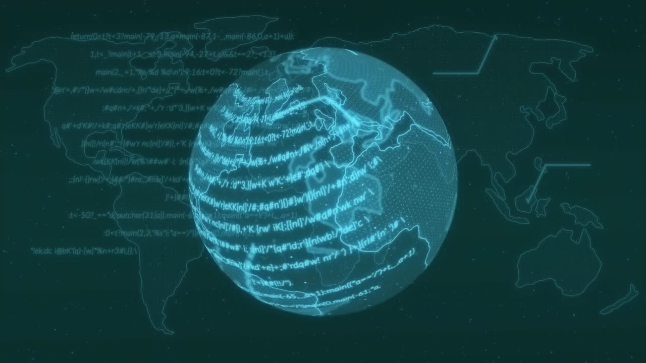 Animation of data processing and globe over black background