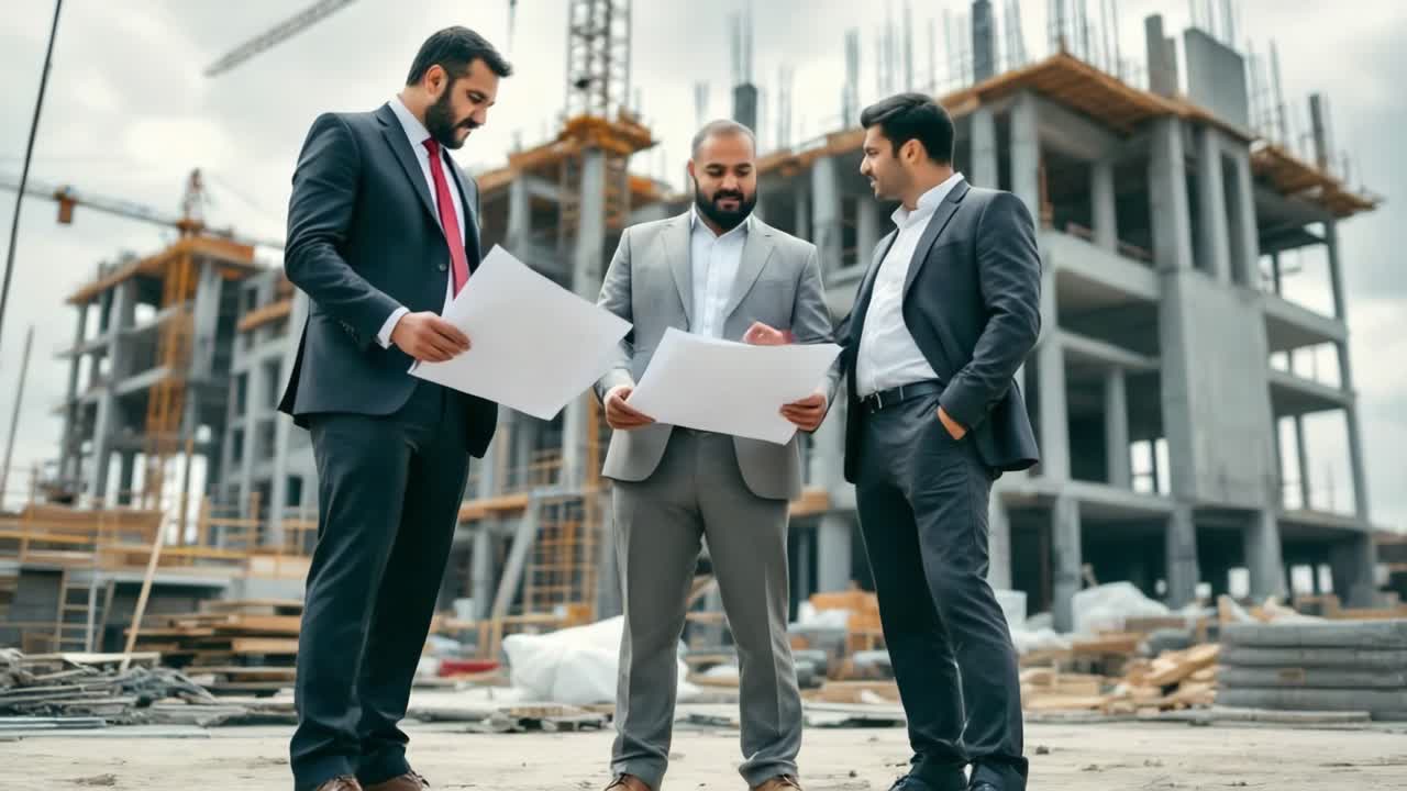 Businessmen Discussing Blueprints on a Construction Site