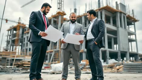 businessmen discussing blueprints on a construction site