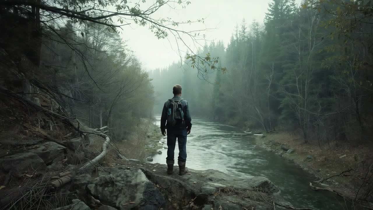 Camera recording hiker wearing jacket and backpack, shifting and leaning forward, observing river
