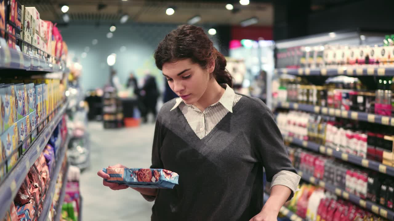 joven morena hermosa chica caucásica tratando de elegir galletas en una tienda de comestibles local
