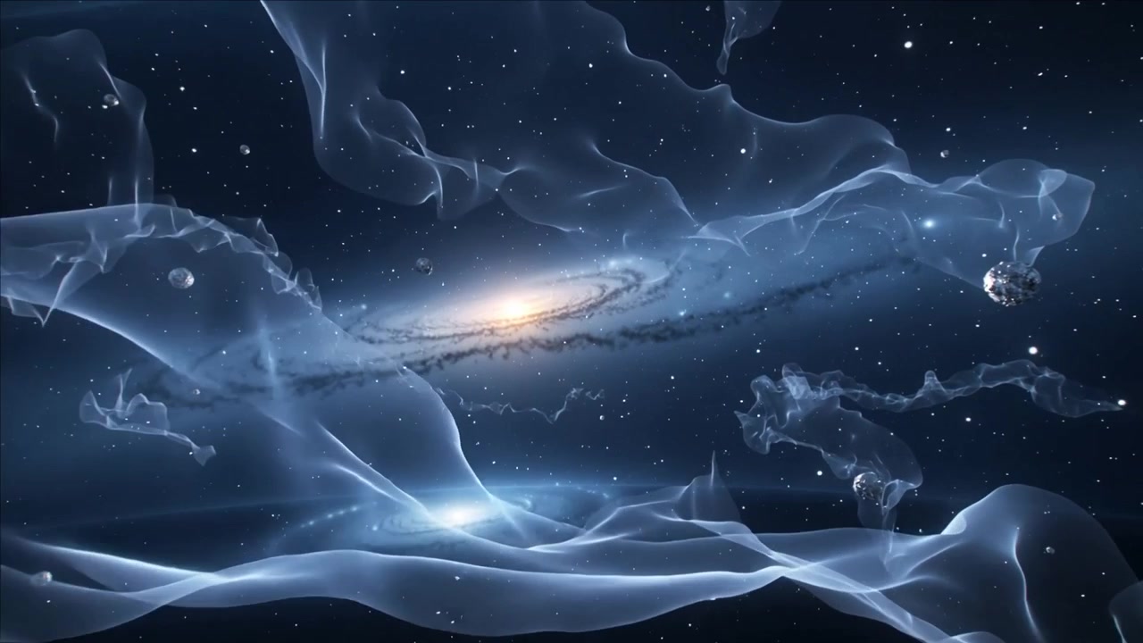 Streaming spiral galaxy shifting gas ribbons in space after tidal pull, revealing companion