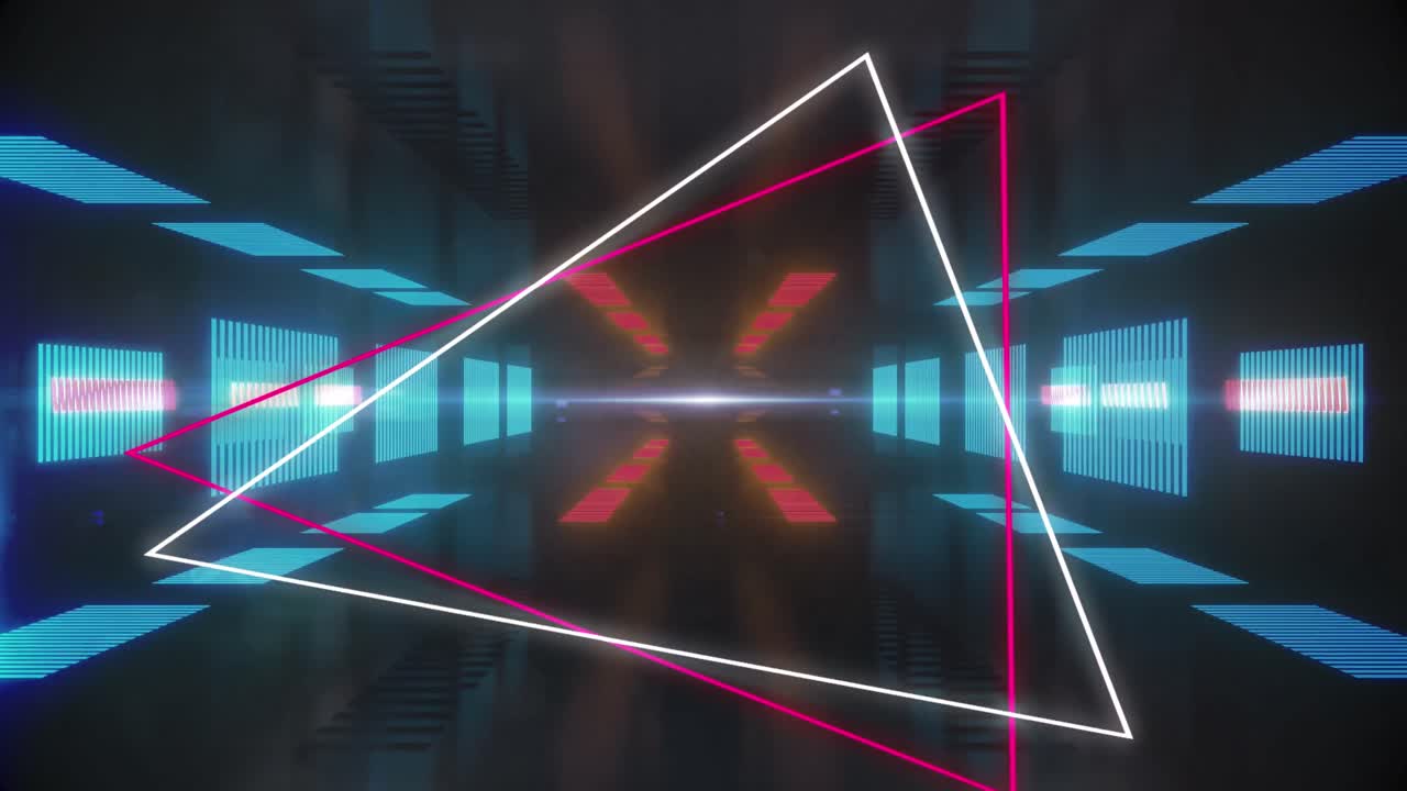 animación de triángulos de neón sobre luces azules y rojas sobre fondo negro