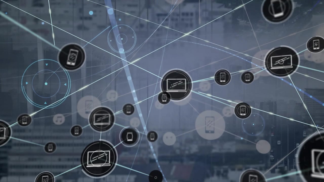 Animation of network of connections with icons over cityscape