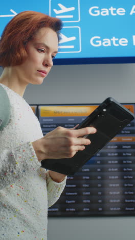 woman checking flight schedule at airport