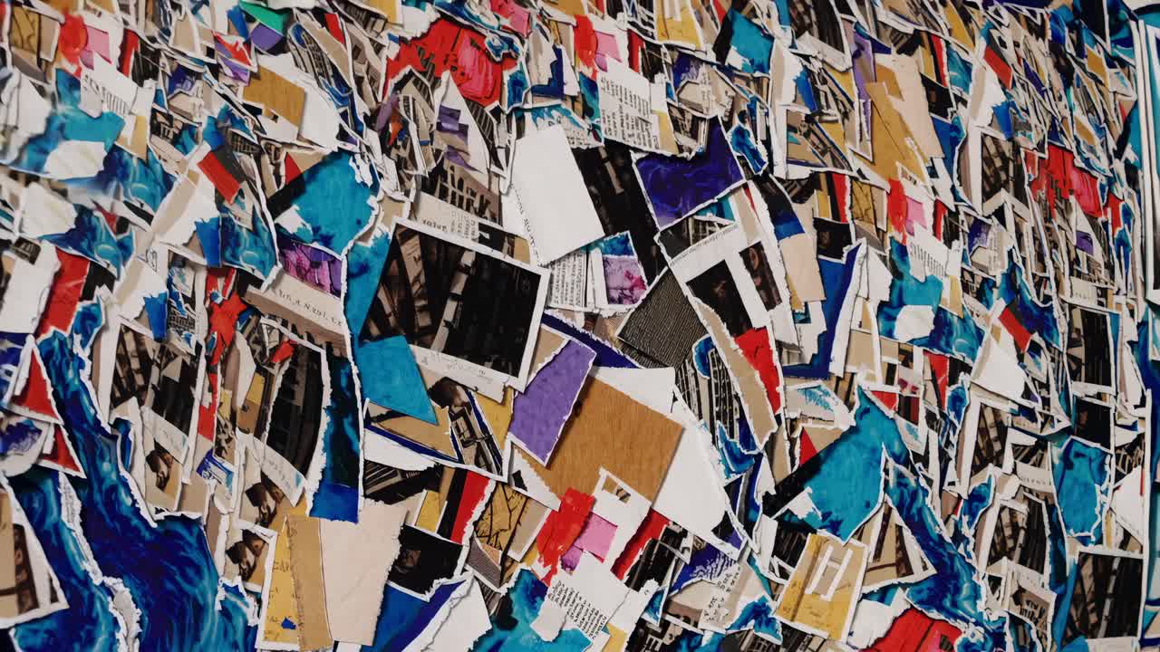 A dynamic collage of torn photos and colorful paper fragments, captured from a high-angle