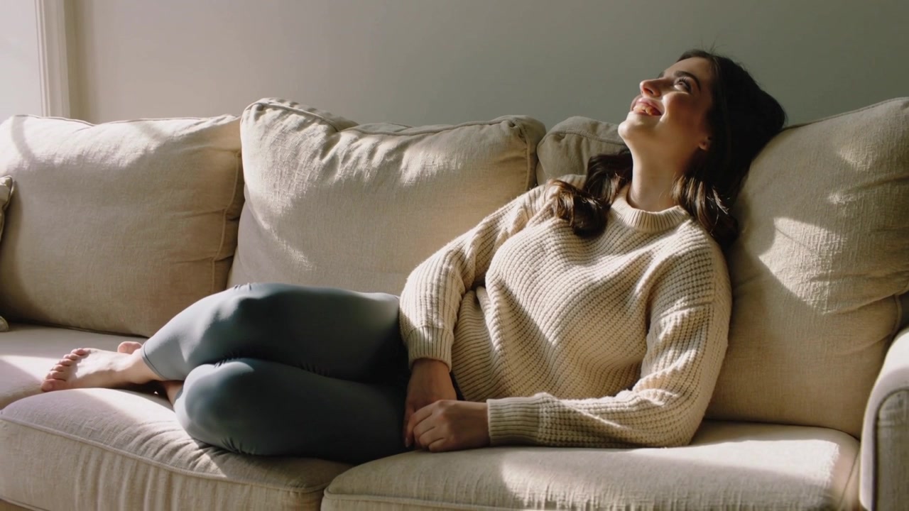 Con la luce del sole che si sposta, una donna in maglia color crema inclina la testa sorridendo su un divano beige a casa, con un cuscino a quadri.