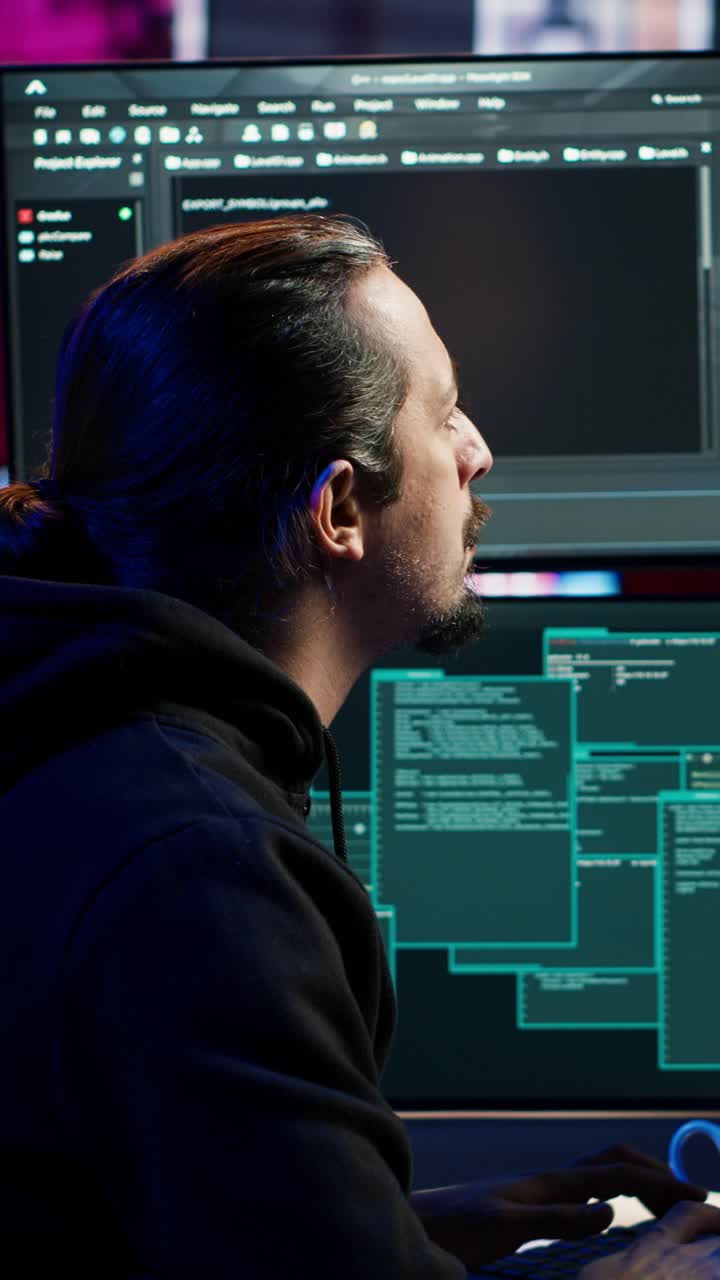 Vertical video Hacker typing fast on keyboard, rushing to finish developing spyware software