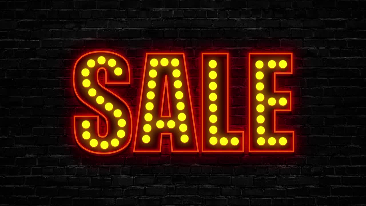 Sale sign with orange lamps on black bricks background, low price retro style, loop animation