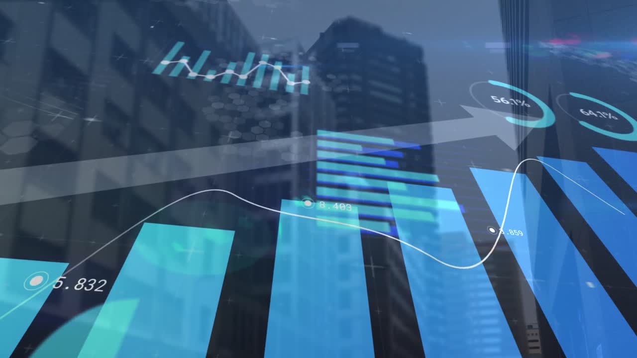 금융 데이터 및 통계 처리의 애니메이션 도시 배경 위에 화살표와 함께