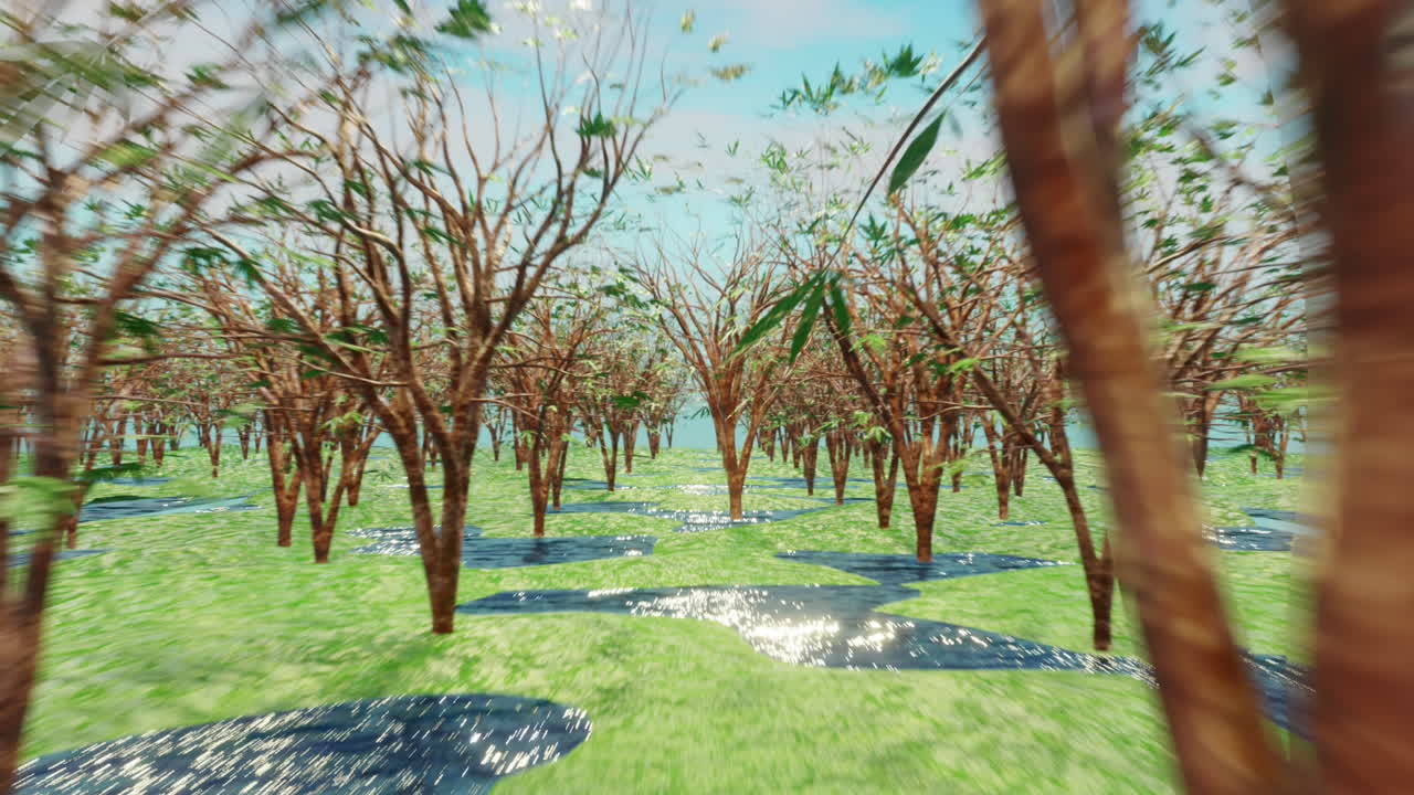 푸른 하늘과 함께 나무와 풀의 줄의 애니메이션