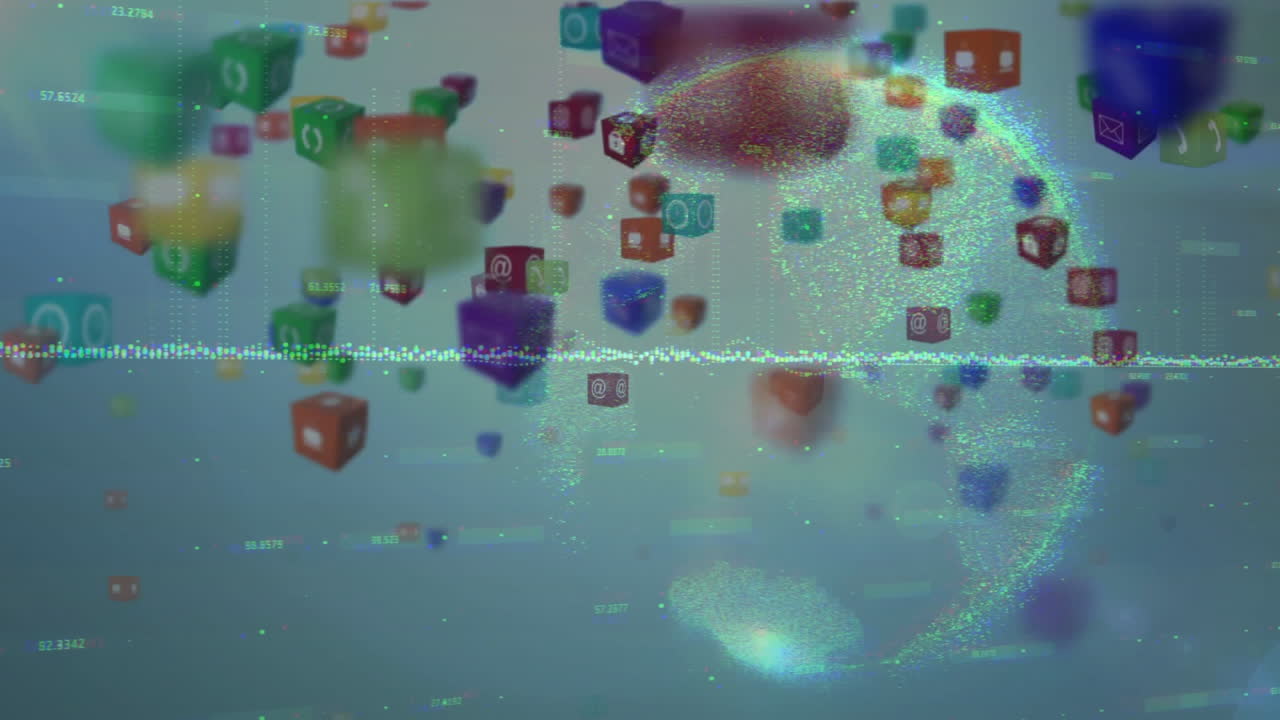 Colorful cubes with symbols floating over digital data and glowing sphere animation