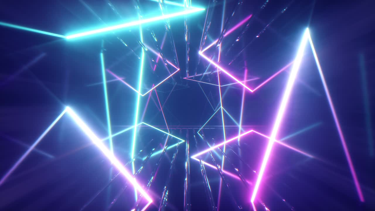 volando a través de líneas de neón brillantes creando un túnel, espectro azul rojo rosa violeta, luz ultravioleta fluorescente, iluminación moderna de colores, animación cg de bucle sin costuras de 4k