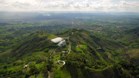 Coffee-Farms-on-the-Green-Hills-of-Colombia,-Aerial-Panorama