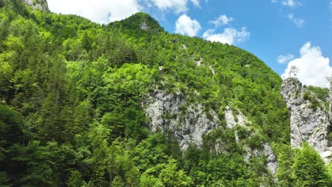 aerial drone above slovenian natural countryside green hills skyline landscape, logar valley in summer, travel destination