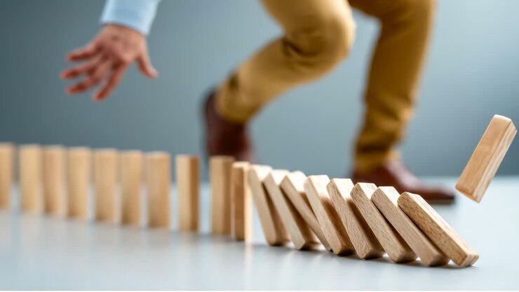 Person topples wood blocks. A person reaches out to push down wooden blocks set in a line while standing on a plain surface with a blue background