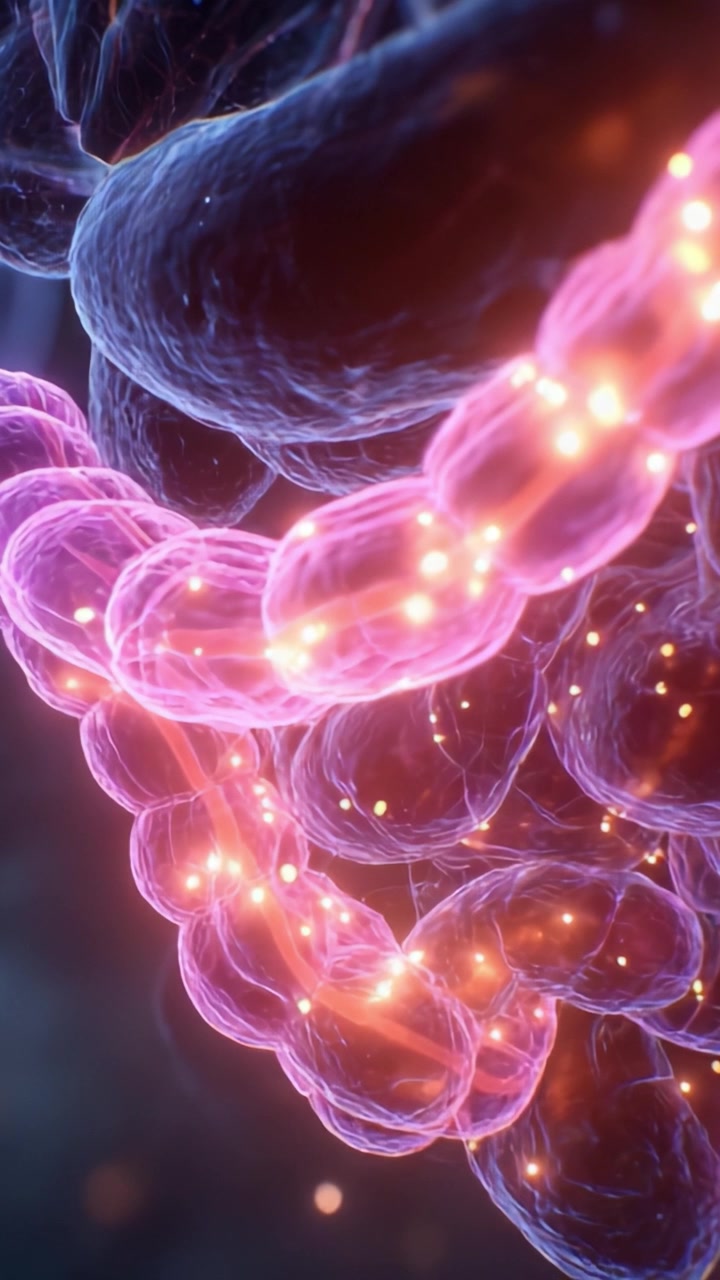 Viste intricate di strutture cellulari colorate: un'immersione profonda nella bellezza delle catene biologiche che brillano di luce vibrante e motivi dinamici.