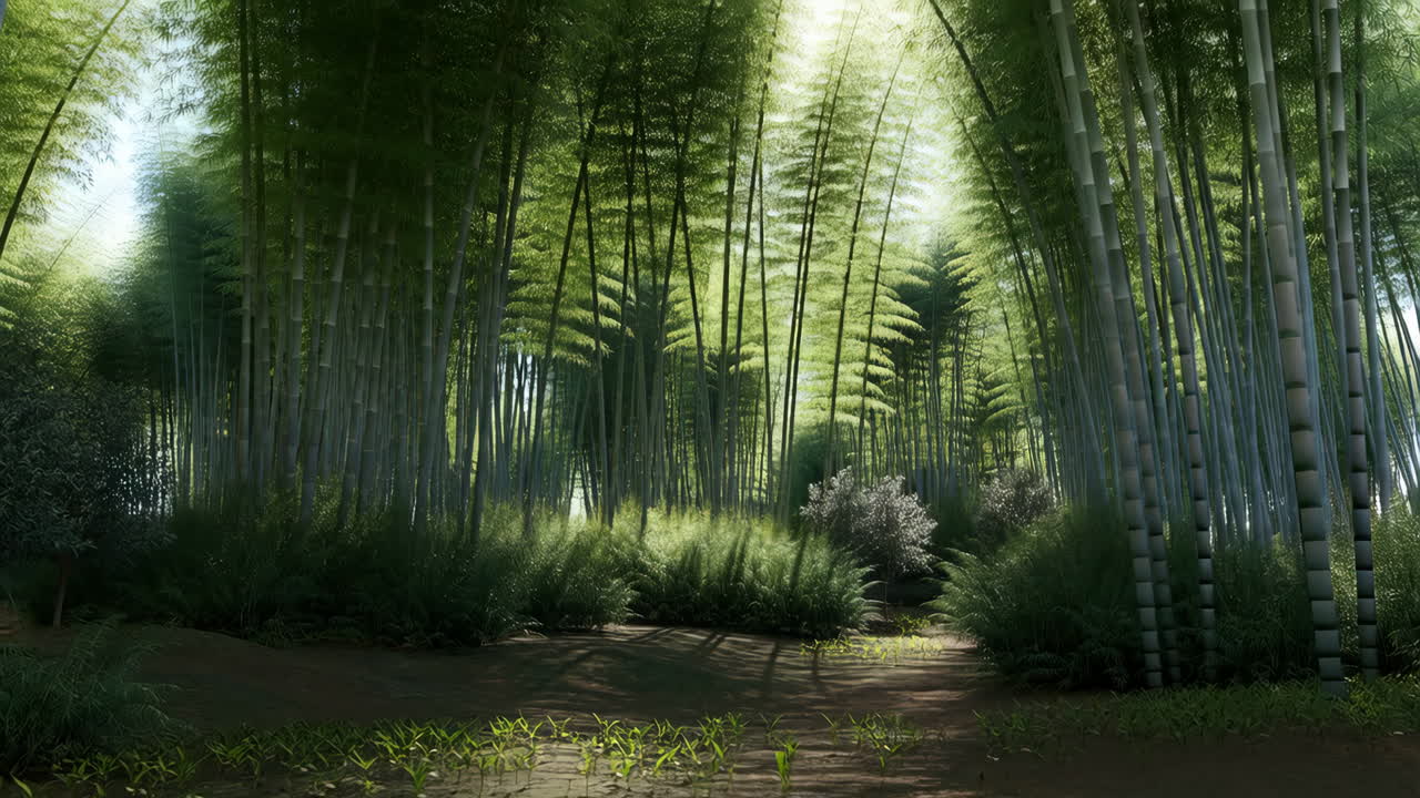 Lush Green Bamboo Forest with Sunlight Filtering Through