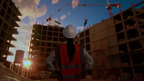 vista trasera de una ingeniera que usa un casco de seguridad mirando a su alrededor mientras está de pie con los brazos akimbo en el sitio de construcción, durante la puesta o salida del sol