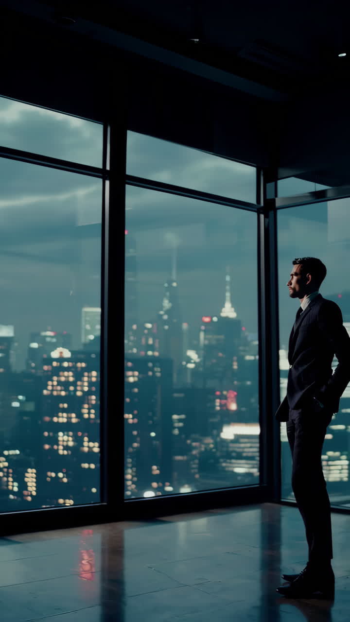 Businessman Contemplating Cityscape at Night
